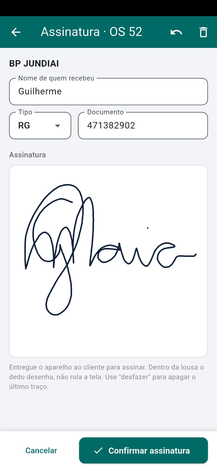 Assinatura do cliente no aplicativo TaskCheck