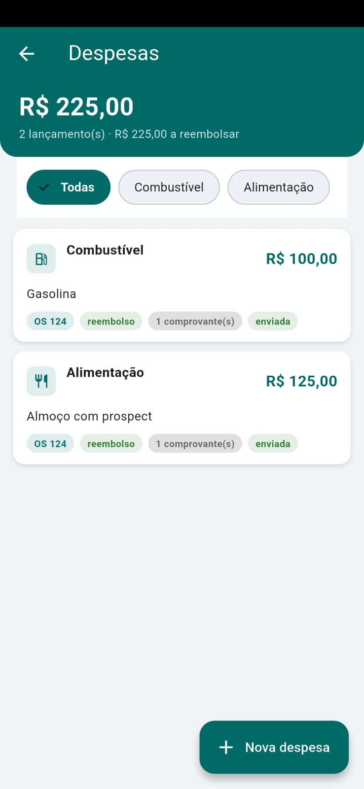 Despesas do técnico no aplicativo TaskCheck