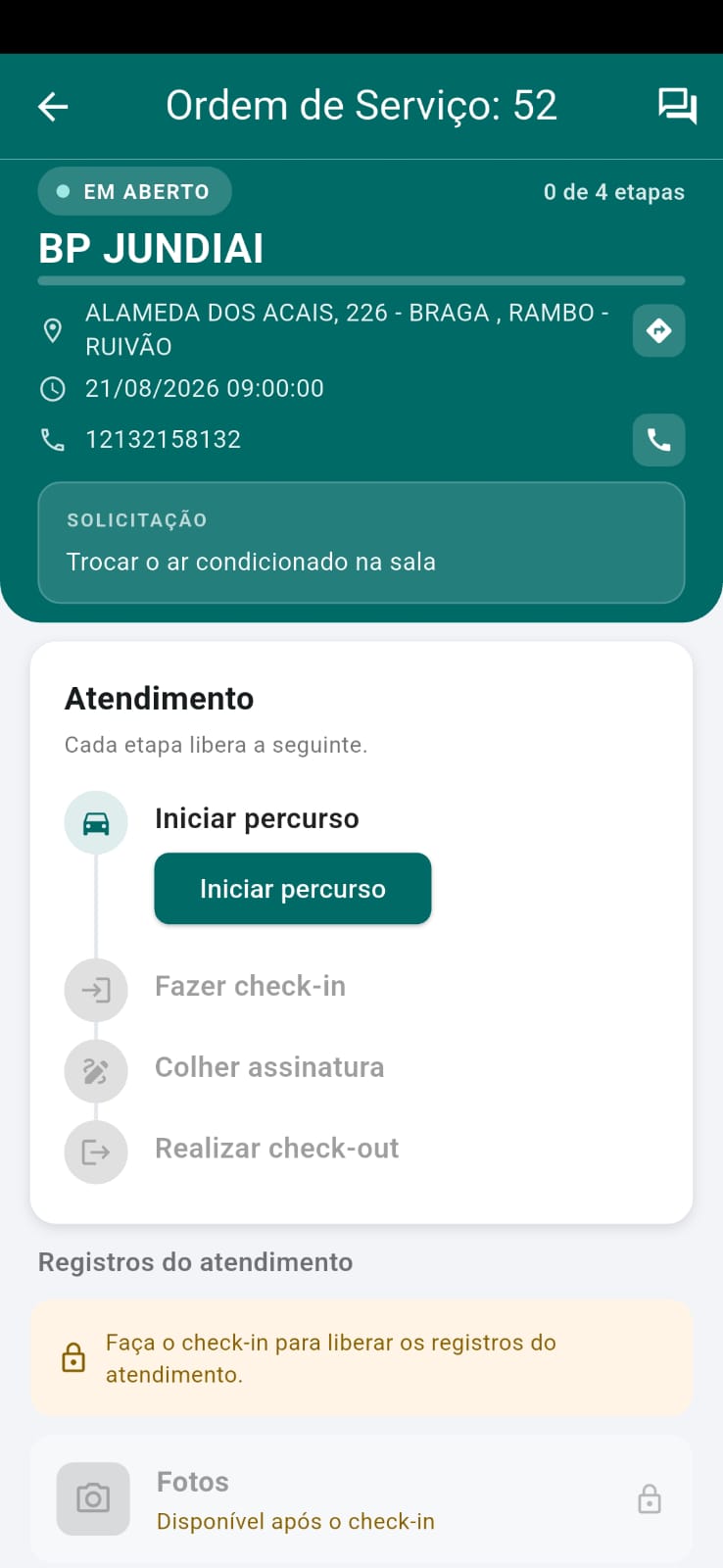 Início do percurso no aplicativo TaskCheck
