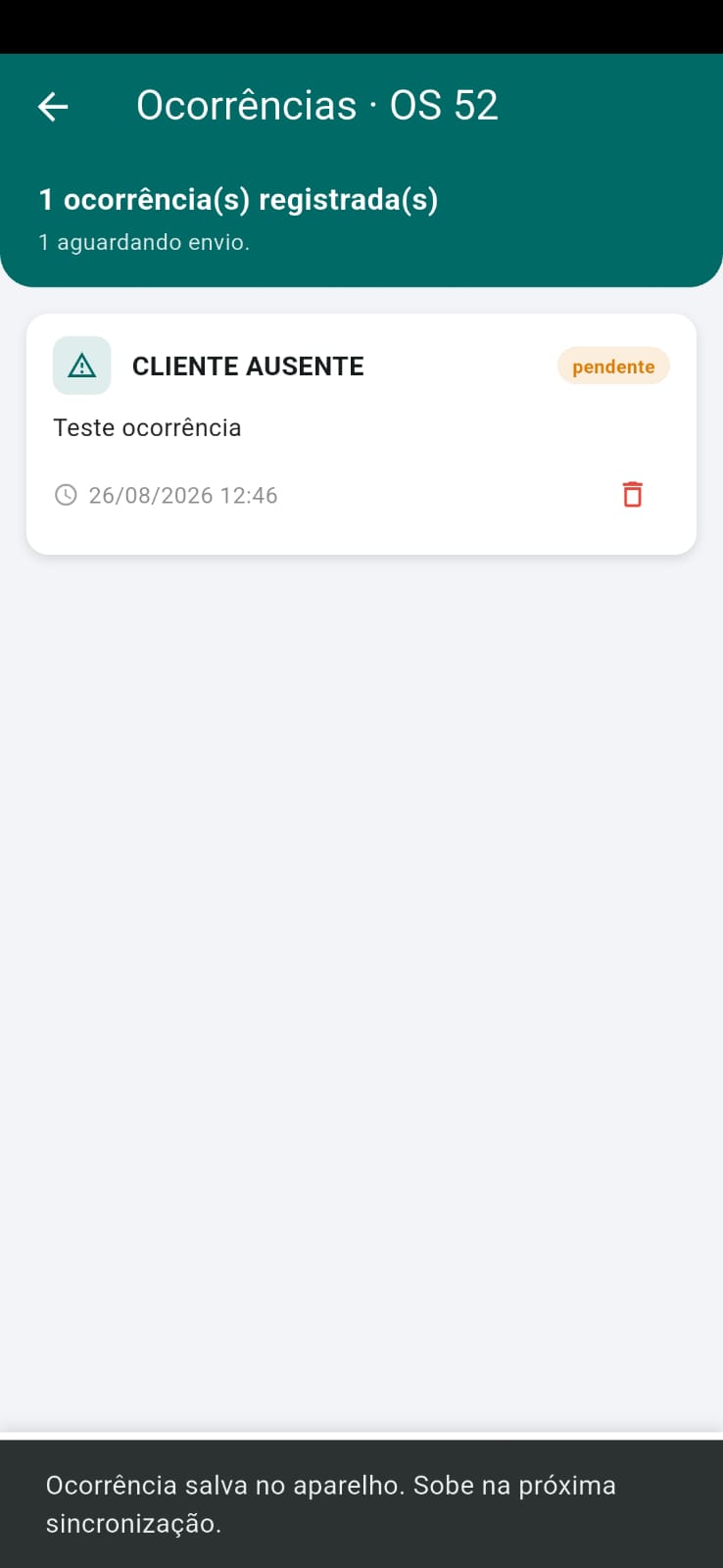Ocorrências do atendimento no aplicativo TaskCheck