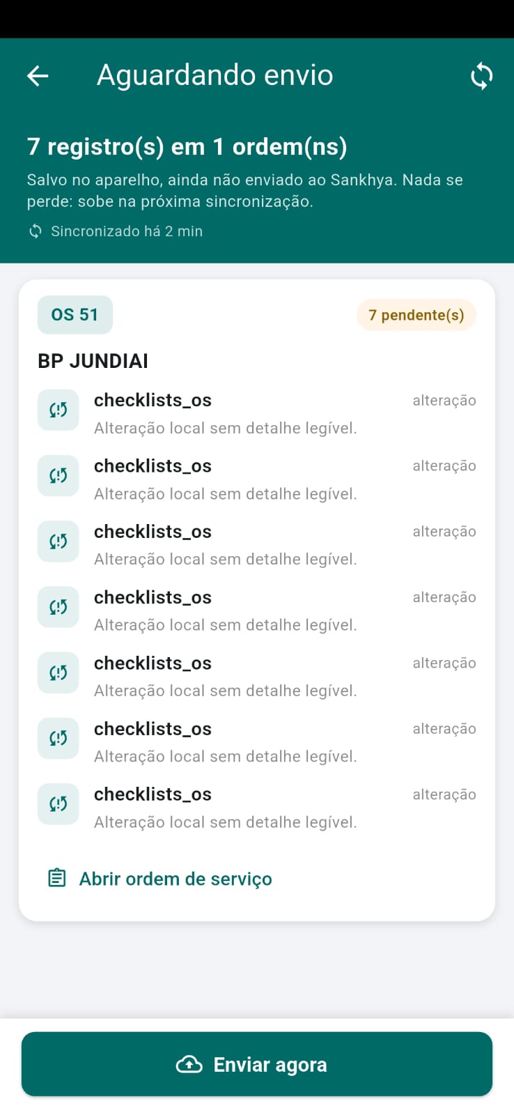 Registros aguardando sincronização no aplicativo TaskCheck